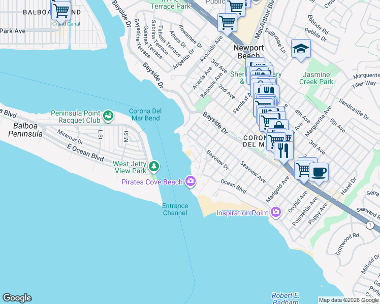 map of restaurants, bars, coffee shops, grocery stores, and more near 2600 Cove Street in Newport Beach