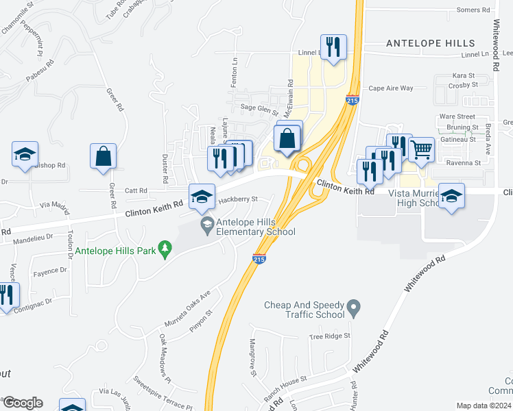 map of restaurants, bars, coffee shops, grocery stores, and more near 27792 Carlton Oaks Street in Murrieta