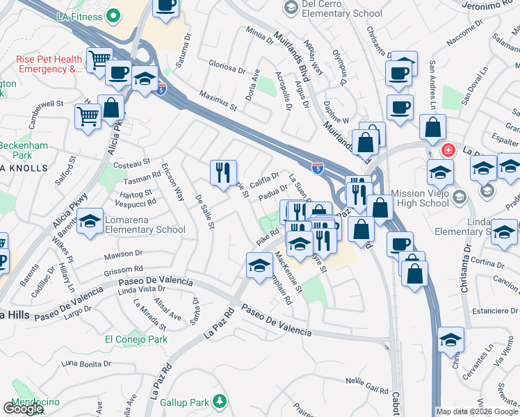 map of restaurants, bars, coffee shops, grocery stores, and more near 25141 Madeira in Laguna Hills