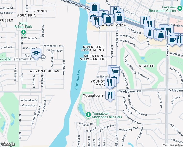 map of restaurants, bars, coffee shops, grocery stores, and more near 12322 North 113th Avenue in Youngtown