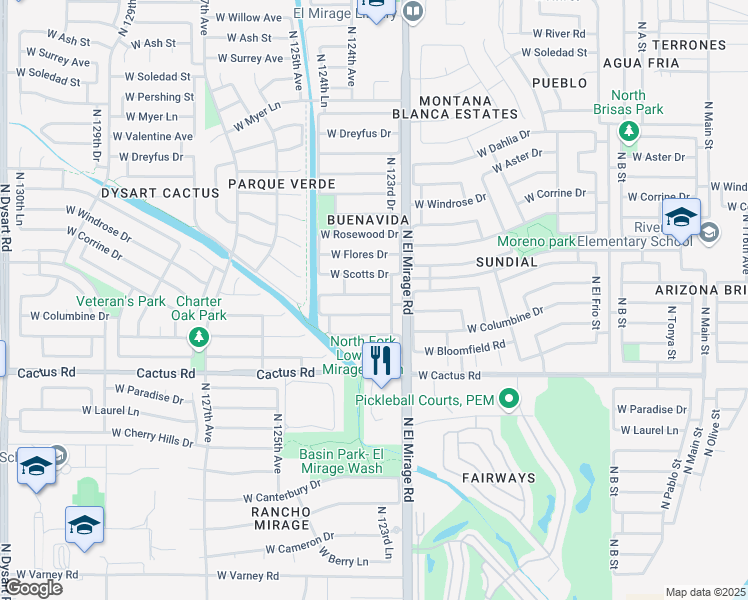 map of restaurants, bars, coffee shops, grocery stores, and more near 12317 West Larkspur Road in El Mirage