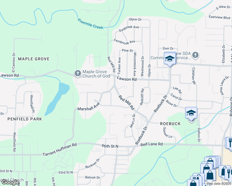 map of restaurants, bars, coffee shops, grocery stores, and more near 9840 Red Mill Road in Birmingham