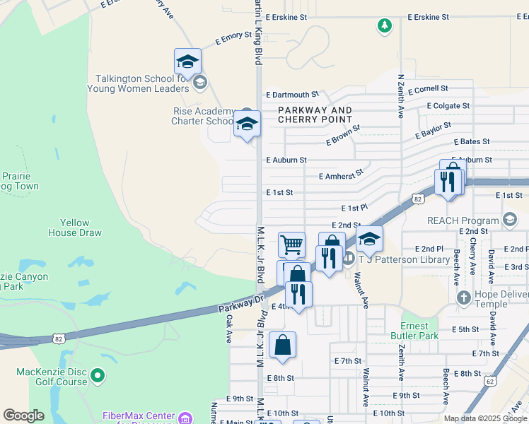 map of restaurants, bars, coffee shops, grocery stores, and more near 100-198 Martin Luther King Junior Boulevard in Lubbock