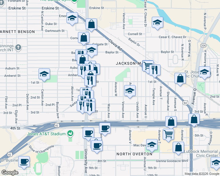 map of restaurants, bars, coffee shops, grocery stores, and more near 112 Avenue W in Lubbock