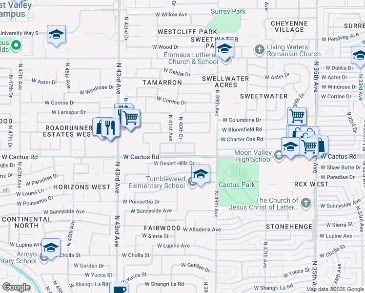 map of restaurants, bars, coffee shops, grocery stores, and more near 4029 West Wethersfield Road in Phoenix