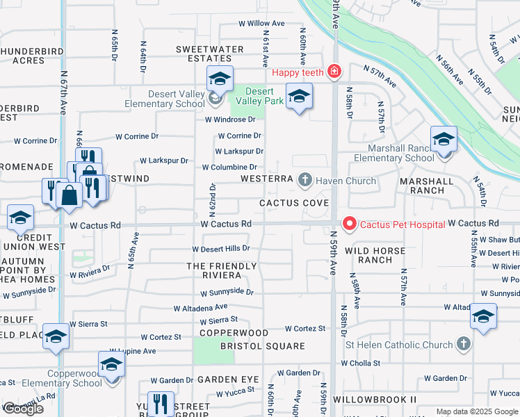 map of restaurants, bars, coffee shops, grocery stores, and more near 6114 West Wethersfield Road in Glendale