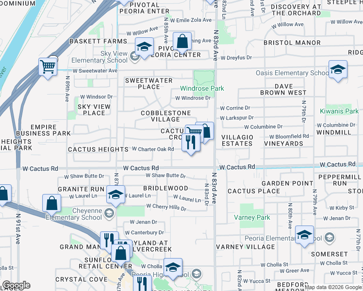 map of restaurants, bars, coffee shops, grocery stores, and more near 8432 West Charter Oak Road in Peoria