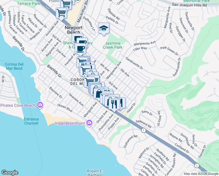 map of restaurants, bars, coffee shops, grocery stores, and more near 508 Marigold Avenue in Newport Beach
