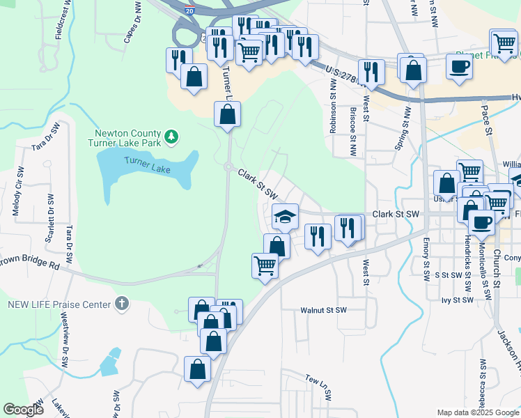 map of restaurants, bars, coffee shops, grocery stores, and more near 5134 Pratt Street Southwest in Covington