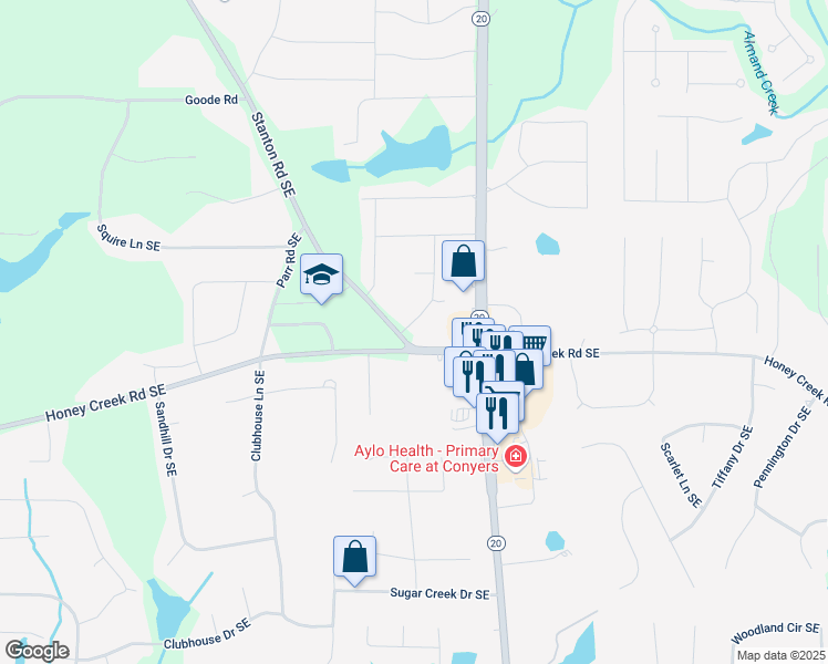 map of restaurants, bars, coffee shops, grocery stores, and more near 3496 Stanton Road Southeast in Conyers
