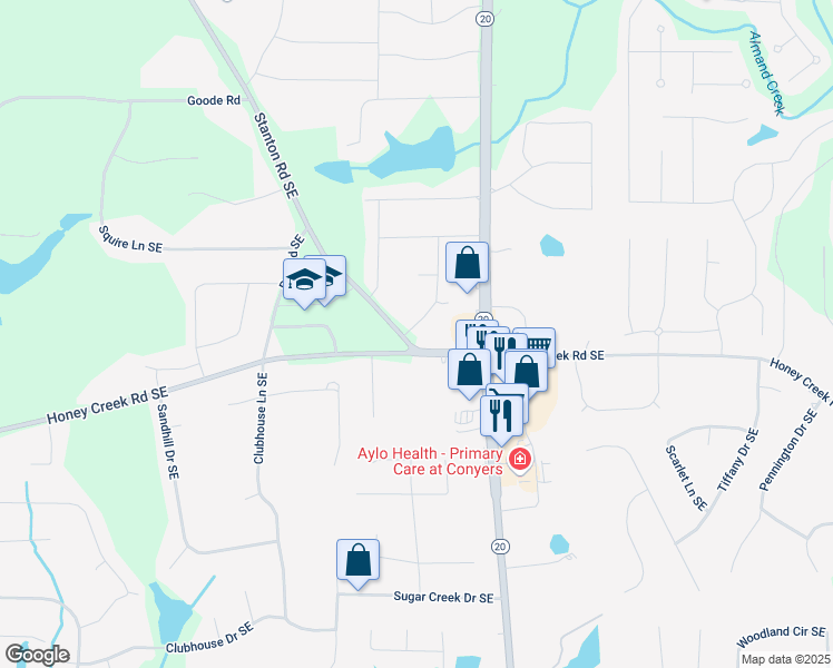 map of restaurants, bars, coffee shops, grocery stores, and more near 3488 Richmond Drive Southeast in Conyers