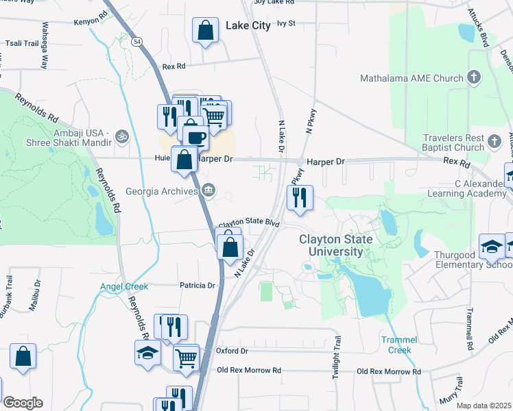 map of restaurants, bars, coffee shops, grocery stores, and more near 5809 North Lake Drive in Morrow