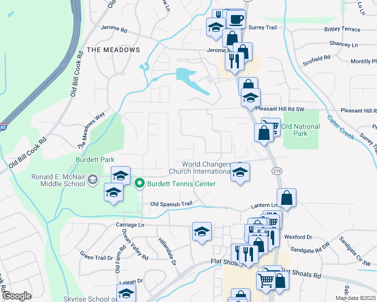 map of restaurants, bars, coffee shops, grocery stores, and more near 2570 Picardy Circle North in College Park