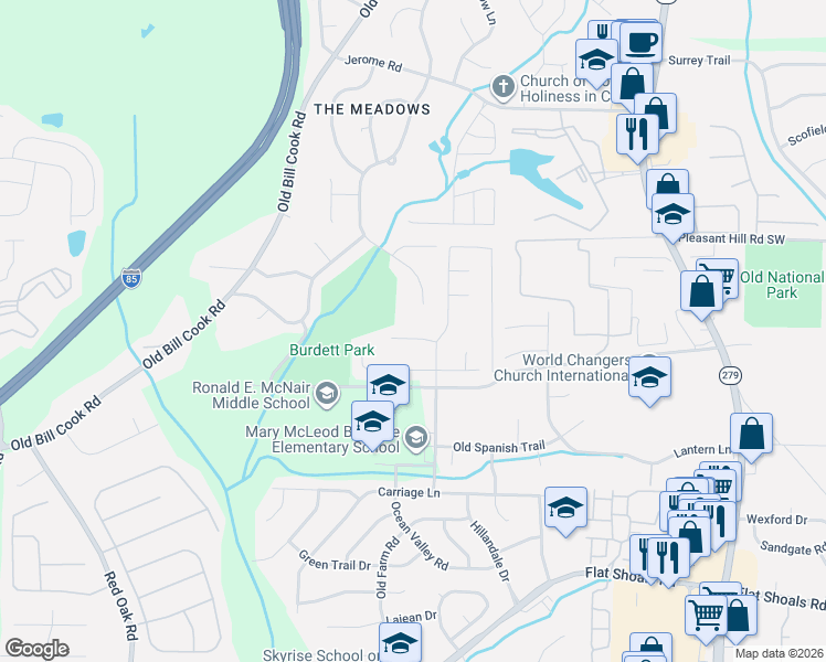 map of restaurants, bars, coffee shops, grocery stores, and more near 455 Burdett Ridge Court in College Park