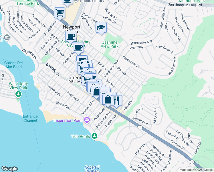 map of restaurants, bars, coffee shops, grocery stores, and more near 508 Marigold Avenue in Newport Beach
