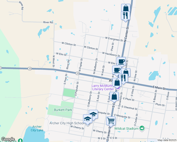map of restaurants, bars, coffee shops, grocery stores, and more near 412 West Pecan Street in Archer City