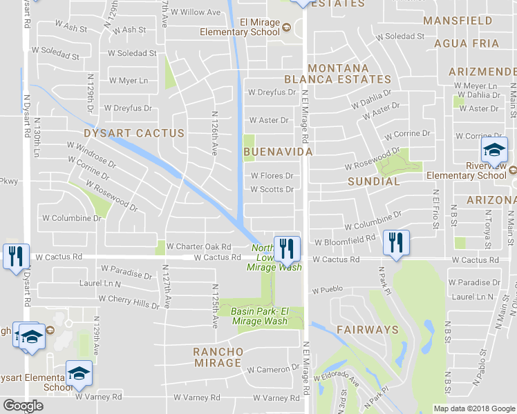 map of restaurants, bars, coffee shops, grocery stores, and more near 12417 West Larkspur Road in El Mirage