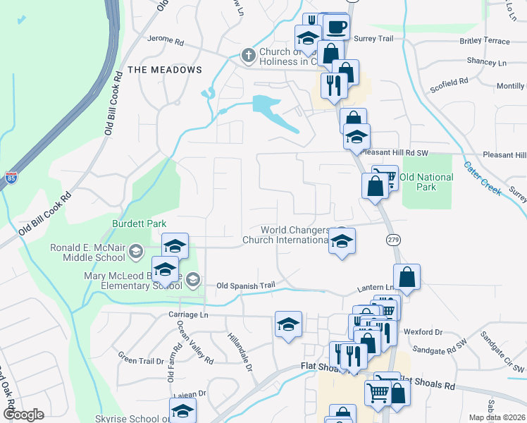 map of restaurants, bars, coffee shops, grocery stores, and more near 2570 Picardy Circle North in College Park