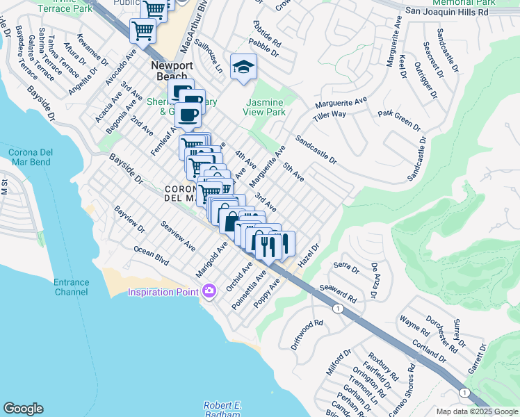 map of restaurants, bars, coffee shops, grocery stores, and more near 512 Marigold Avenue in Newport Beach