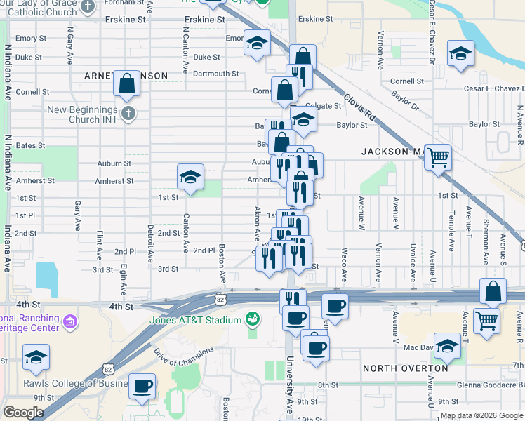 map of restaurants, bars, coffee shops, grocery stores, and more near 2524 1st Place in Lubbock
