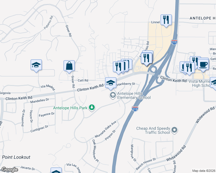 map of restaurants, bars, coffee shops, grocery stores, and more near 27497 Yellowwood Way in Murrieta