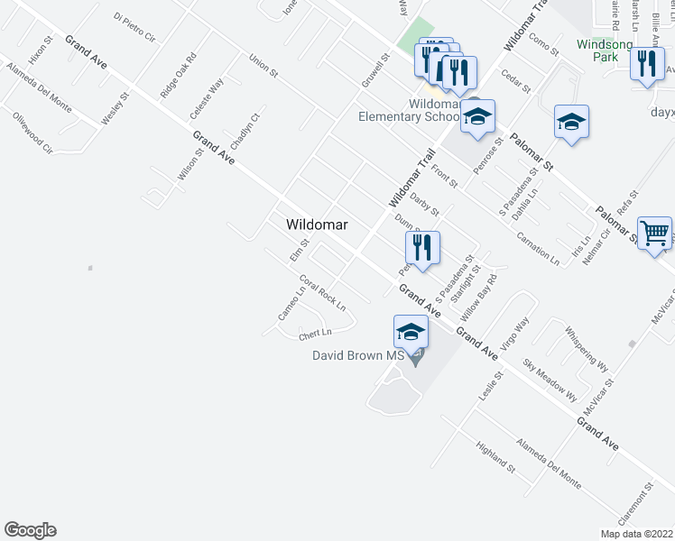 map of restaurants, bars, coffee shops, grocery stores, and more near 33101 Wildomar Trail in Wildomar