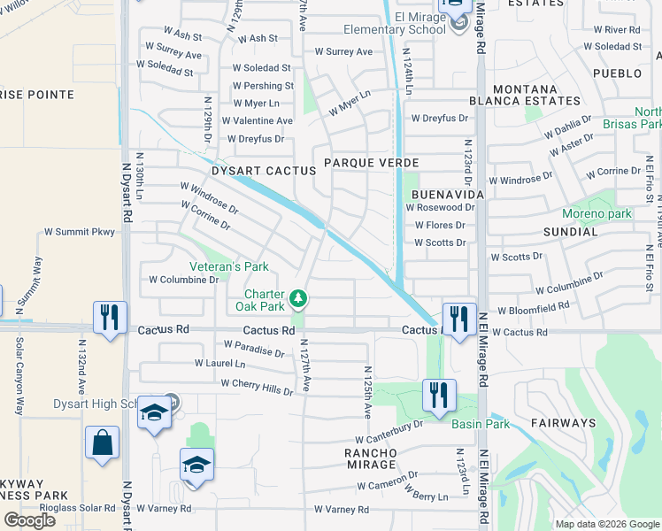 map of restaurants, bars, coffee shops, grocery stores, and more near 12609 West Larkspur Road in El Mirage