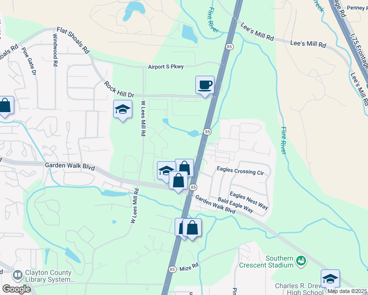 map of restaurants, bars, coffee shops, grocery stores, and more near 5781 Georgia 85 in Riverdale
