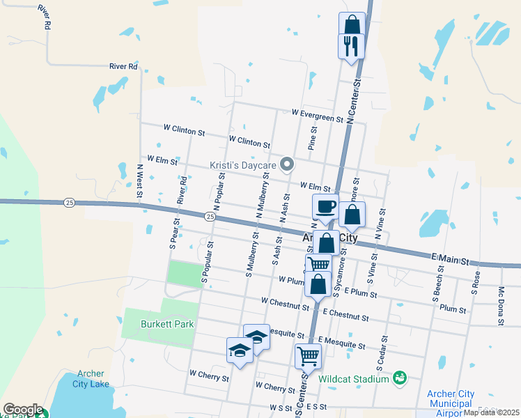 map of restaurants, bars, coffee shops, grocery stores, and more near West Pecan Street in Archer City