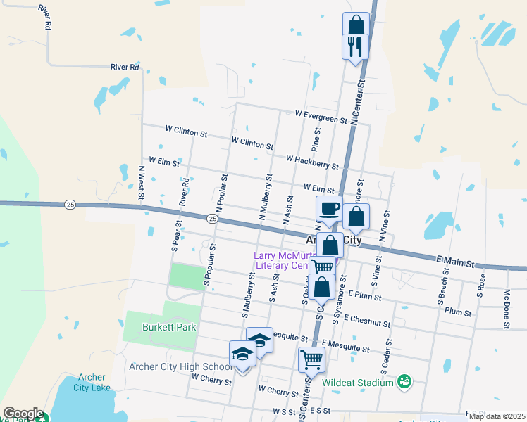 map of restaurants, bars, coffee shops, grocery stores, and more near West Pecan Street in Archer City