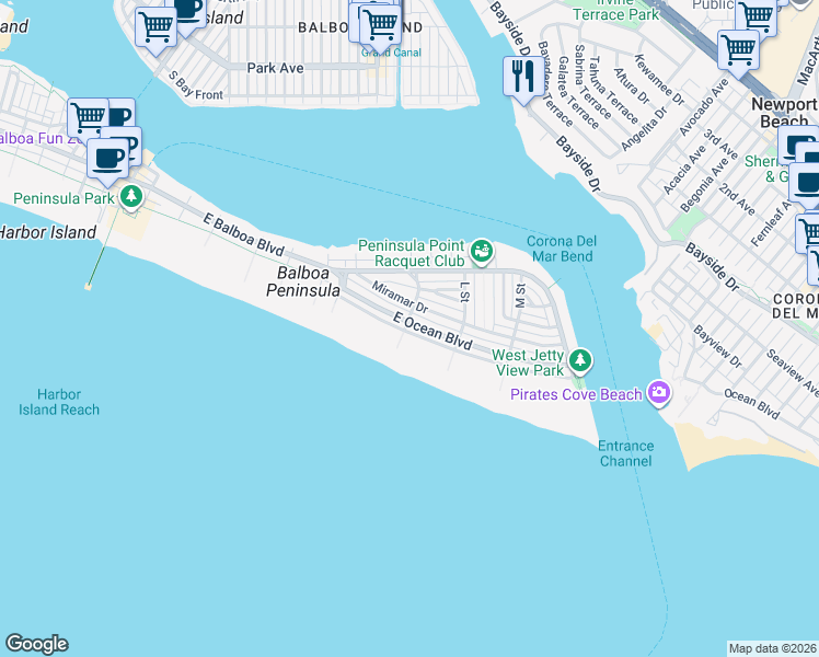 map of restaurants, bars, coffee shops, grocery stores, and more near 1703 East Ocean Boulevard in Newport Beach