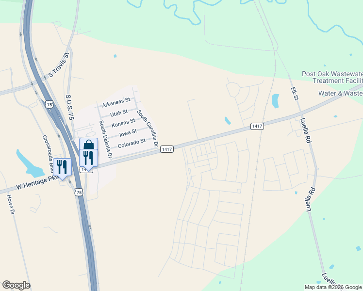 map of restaurants, bars, coffee shops, grocery stores, and more near Farm to Market Road 1417 in Tom Bean
