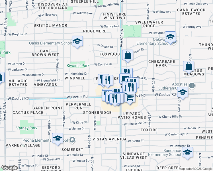 map of restaurants, bars, coffee shops, grocery stores, and more near 7619 West Charter Oak Road in Peoria