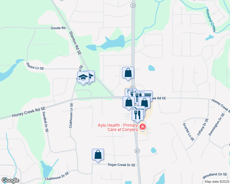 map of restaurants, bars, coffee shops, grocery stores, and more near 3488 Richmond Drive Southeast in Conyers