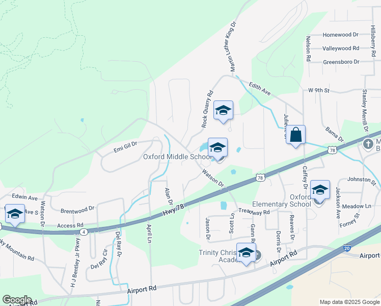 map of restaurants, bars, coffee shops, grocery stores, and more near 1111 Watson Drive in Oxford
