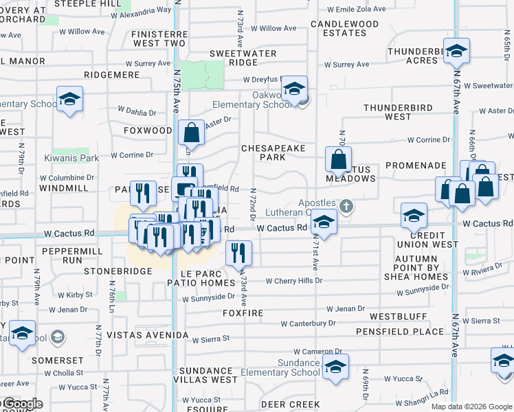 map of restaurants, bars, coffee shops, grocery stores, and more near 12329 North 72nd Drive in Peoria