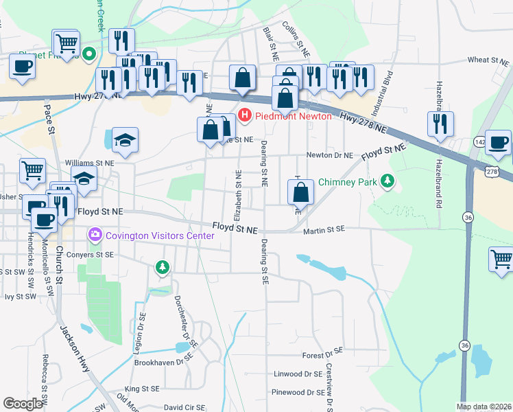 map of restaurants, bars, coffee shops, grocery stores, and more near 4133 Francis Street Northeast in Covington