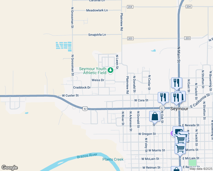 map of restaurants, bars, coffee shops, grocery stores, and more near 708 Reeves Road in Seymour
