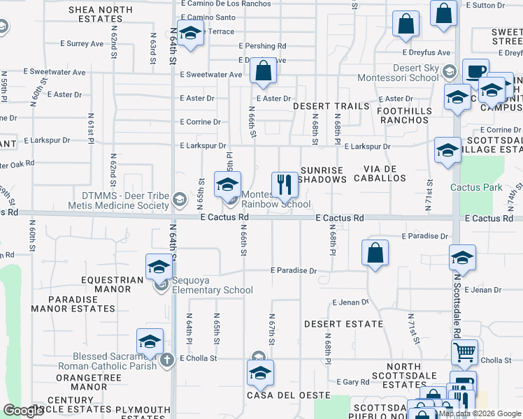 map of restaurants, bars, coffee shops, grocery stores, and more near 6616 East Cactus Road in Scottsdale