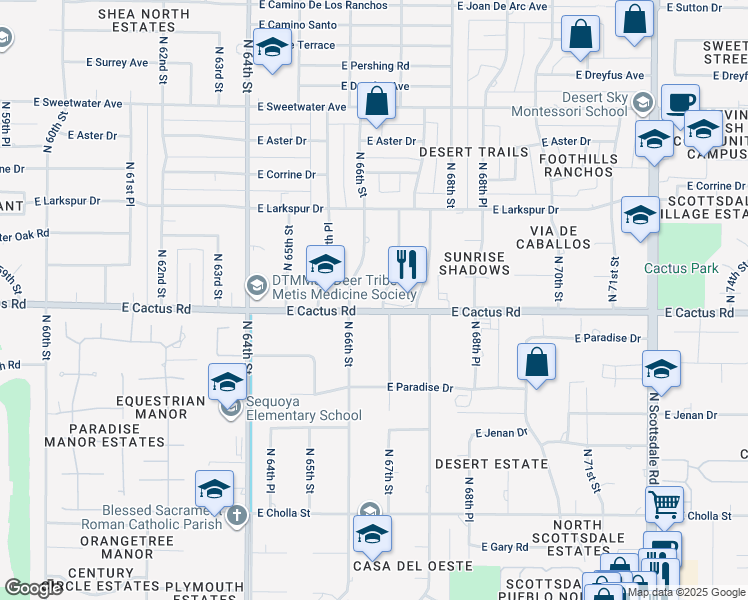 map of restaurants, bars, coffee shops, grocery stores, and more near 6616 East Cactus Road in Scottsdale