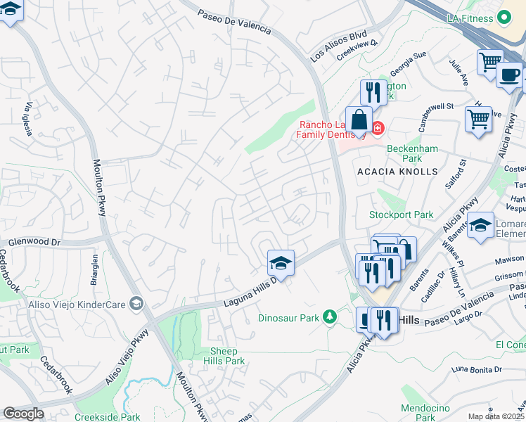 map of restaurants, bars, coffee shops, grocery stores, and more near 878 Via Mendoza in Laguna Woods
