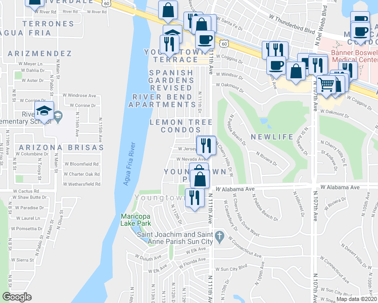map of restaurants, bars, coffee shops, grocery stores, and more near 11141 West Jersey Avenue in Youngtown