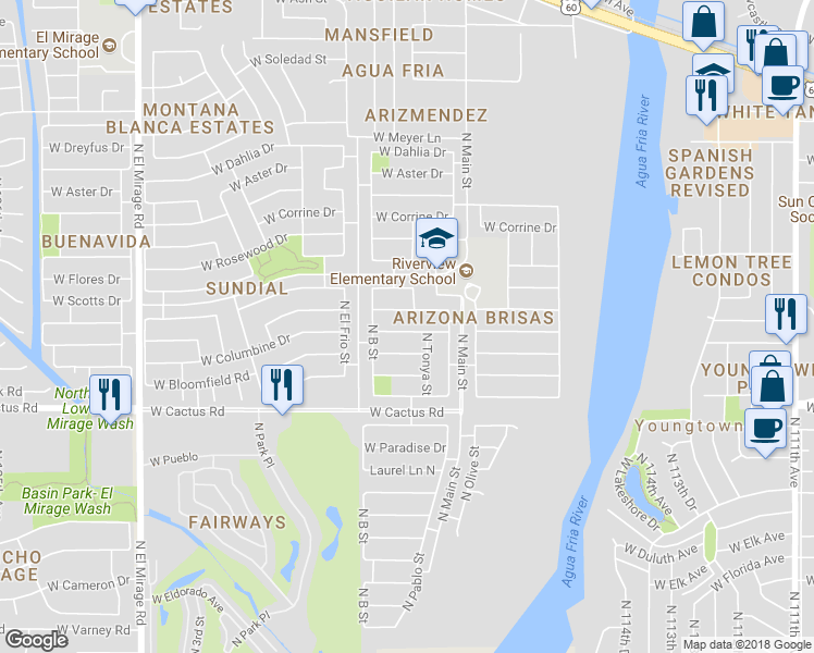 map of restaurants, bars, coffee shops, grocery stores, and more near 11810 West Columbine Drive in El Mirage
