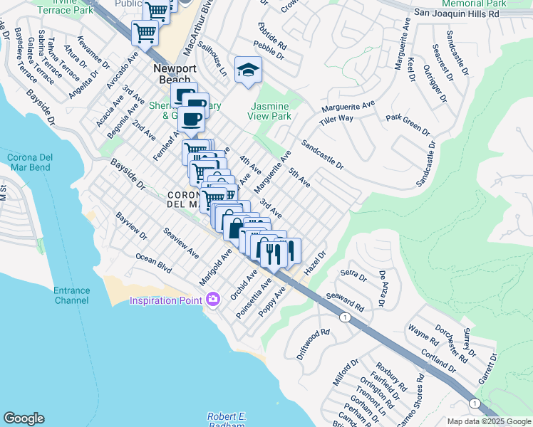 map of restaurants, bars, coffee shops, grocery stores, and more near Marigold Avenue in Newport Beach