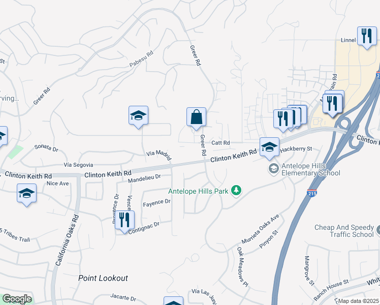 map of restaurants, bars, coffee shops, grocery stores, and more near 27100 Clinton Keith Road in Murrieta