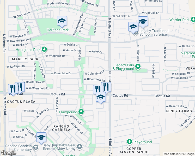 map of restaurants, bars, coffee shops, grocery stores, and more near 14798 West Bloomfield Road in Surprise
