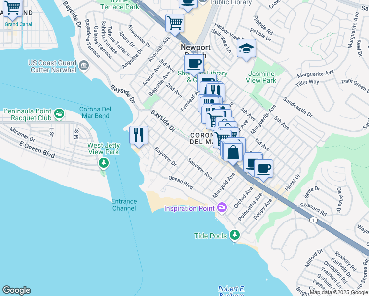 map of restaurants, bars, coffee shops, grocery stores, and more near 310 Heliotrope Avenue in Newport Beach