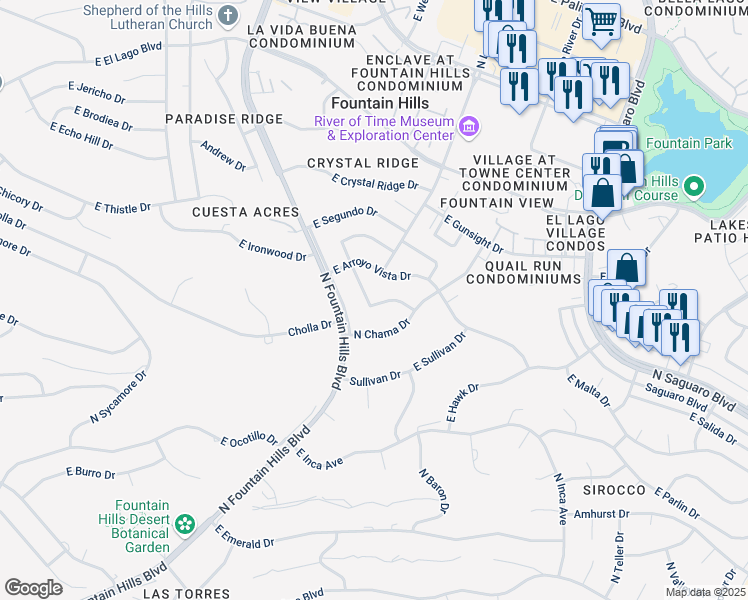 map of restaurants, bars, coffee shops, grocery stores, and more near 12207 North Desert Sage Drive in Fountain Hills