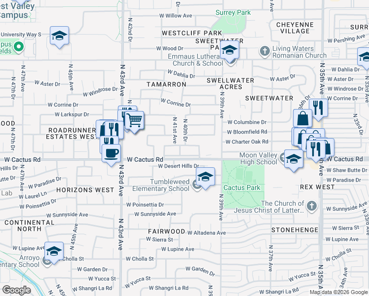 map of restaurants, bars, coffee shops, grocery stores, and more near 4029 West Wethersfield Road in Phoenix