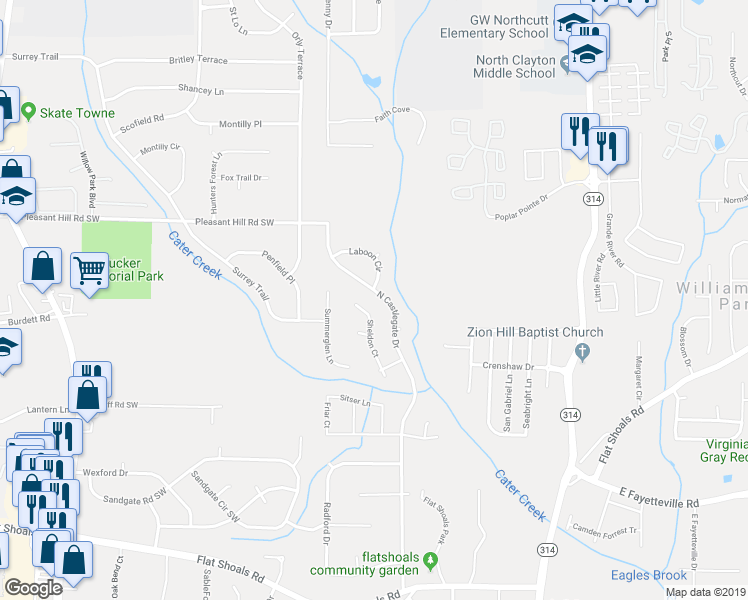 map of restaurants, bars, coffee shops, grocery stores, and more near 5797 North Castlegate Drive in Atlanta